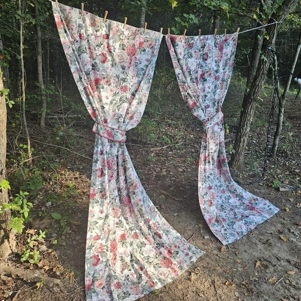 Vintage Rose Curtains Pink Red Floral Cottagecore Drapes Lined Panels Tiebacks